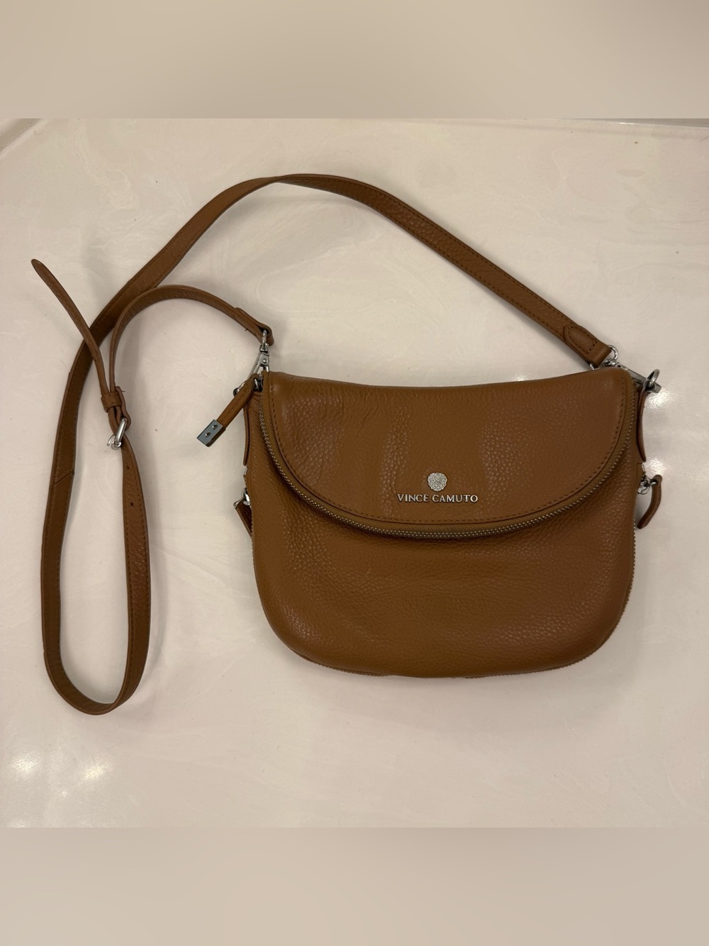 Vince Camuto Cognac Pebbled Leather Crossbody